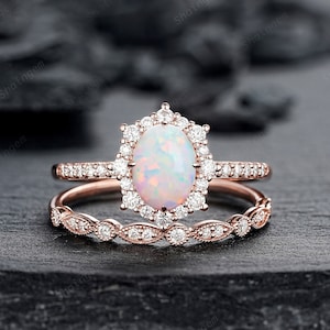 White Fire Oval Shape Opal and Diamond Engagement Ring Set Unique Rose Gold Halo Promise Ring Bridal Set Anniversary Ring Gift for Women her