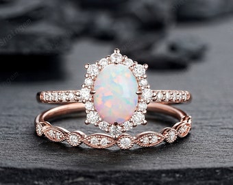 White Fire Oval Shape Opal and Diamond Engagement Ring Set Unique Rose Gold Halo Promise Ring Bridal Set Anniversary Ring Gift for Women her