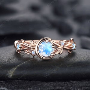 Moonstone Crescent Engagement Ring, Unique 14k Rose Gold Promise Ring, Vintage Moon and Star Ring, Twig Branch Wedding Ring Gift for Women