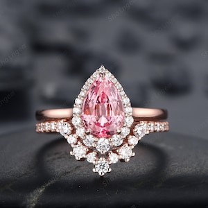 Pear Shape Padparadscha Pink Sapphire Engagement Ring Set, Vintage 14K Rose Gold Halo Wedding Ring, Promise Ring Anniversary Gift for Women