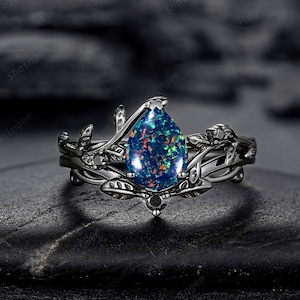 Natur inspiriert Schwarz Opal Blatt Verlobungsring, Rhodium Black Vine Versprechen Ring, Schwarz Gold Ehering, Gothic Jubiläum Ring Geschenk