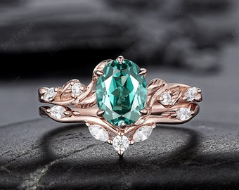 Oval Form Türkis Saphir und Diamant Verlobungsring Set, Rosegold Zweig Zweig Hochzeitsring, Natur inspiriert Versprechen Ring Geschenk für Frauen