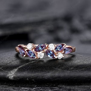 Dainty Marquise Alexandrite Engagement Ring, Rose gold Matching Band, Half Eternity Wedding Band, June Birthstone Promise Ring Enhancer