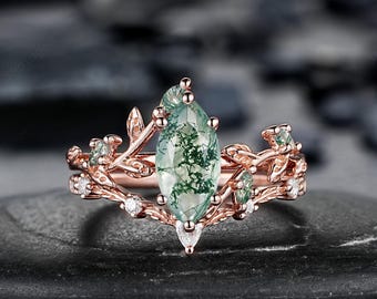 Marquise Moss Agate Engagement Rings: Solid Rose Gold Twig Branch Wedding Set,  Nature Inspired Leaf Vine Promise Ring, 24K Gold Plated
