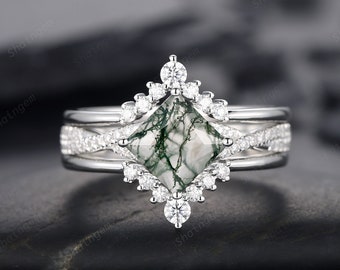 3PCS Princess Cut Moss Agate Engagement Ring, Platinum Moss Agate Bridal Set, Moss Agate Wedding Set, White Gold Promise Ring Gift for Women