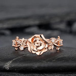 Unique Rose June Birth Flower Engagement Ring, Nature Inspired Leaf Promise Wedding Ring Rose Gold Twig Branch Vine Anniversary Gift for Her