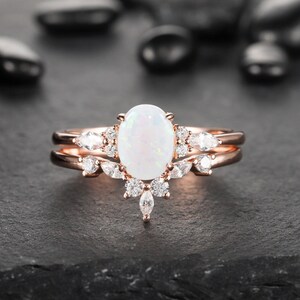Vintage Oval White Fire Opal Ring Set, Oval Shaped Opal 14K Rose Gold Engagement Wedding Set Opal Bridal Set Anniversary Ring Gift for Women