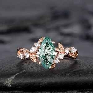 Unique Marquise Cut Moss Agate Engagement Ring, Nature Inspired Leaf Diamond Wedding Ring Vintage Rose Gold Twig Promise Ring Gift for Women