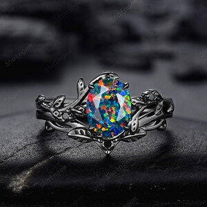 Gothic Natur inspiriert Oval Form Schwarz Opal Blatt Verlobungsring Set, Rhodium Black Vine Versprechen Ring, Schwarzgold Hochzeit Geschenk