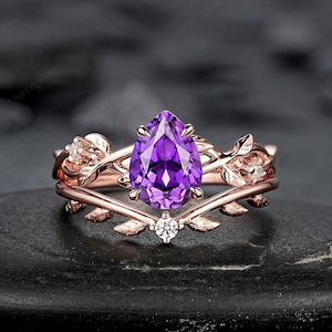 Unique Purple Violet Sapphire Leaf Engagement Ring Set, Pear Shape Sapphire Rose Gold Vine Wedding Promise Ring Anniversary Gift for Women