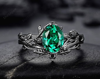 Nature Inspired Black Gold Emerald Engagement Ring Set, Rhodium