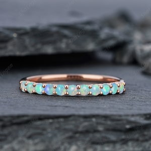 Vintage Natural Australian Blue Opal Wedding Band, Dainty Rose Gold Opal Matching Band, Half Eternity Round Opal Engagement Promise Ring