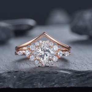 Vintage Princess Cut Moissanite Engagement Ring Set 14k Rose Gold Cluster Moissanite Bridal Wedding Set  Unique Promise Ring Gift For Women