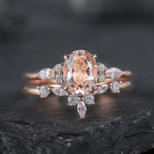 Vintage Natural Pink Morganite Engagement Ring Set, 10K 14K 18K Rose Gold Oval Shape Morganite Moissanite Wedding Bridal Set Promise Ring