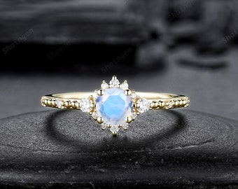 Dainty Natural Moonstone Engagement Ring, Unique Yellow Gold Round Cut Moonstone Floral Promise Ring, Milgrain Wedding Ring Gift for Women
