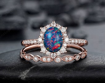 Black Fire Opal and Diamond Ring Set, Unique Oval Shape Opal Rose Gold Halo Engagement Ring Set, Opal Bridal Set Anniversary Ring for Women