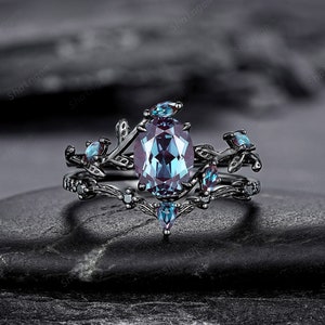 Gothic Oval Shape Alexandrite Black Engagement Ring Set, Black Gold Leaf Promise Ring Set, Rhodium Black Witchy Twig Branch Ring Bridal Set