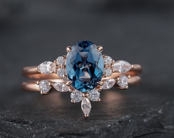 Vintage Oval Cut London Blue Topaz and Moissanite Engagement Ring Set Unique Rose Gold /Silver Topaz Wedding Bridal Set Promise Ring for Her