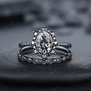 Vintage Oval Gray Moissanite Halo Engagement Ring Set, Black Gold Grey Moissaite Promise Ring, Rhodium Black Bridal Set, Black Wedding Ring