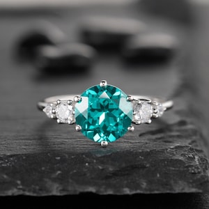 Platinum Neon Blue Paraiba Tourmaline Engagement Ring, Unique 3CT Green Bluish Tourmaline Wedding Ring, White Gold Promise Ring for Women image 1