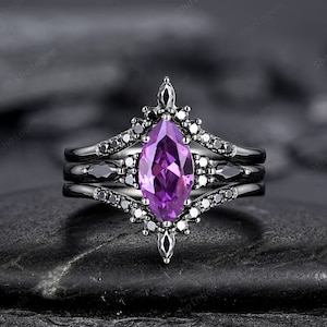 Unique Black Gold Marquise Cut Amethyst Engagement Ring Set, Gothic Bridal Set, Black Rhodium Wedding Set, Black Promise Ring Gift for Women