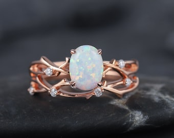 Vintage White Fire Opal Diamond Twig Engagement Ring Set Rose Gold Oval Cut Opal Branch Moissanite Promise Wedding Bridal Ring Set for Women
