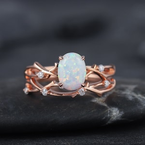 Vintage White Fire Opal Diamond Twig Engagement Ring Set Rose Gold Oval Cut Opal Branch Moissanite Promise Wedding Bridal Ring Set for Women