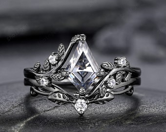 Black Gold Kite Cut Gray Moissanite Engagement Ring Set, Witchy