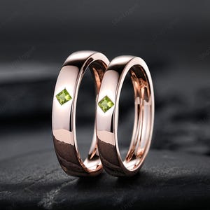 Princess Cut Peridot Couple Ring Set Rose Gold His and Hers Wedding Bands, Natural Peridot Engagement Ring For Women And Men Promise Ring
