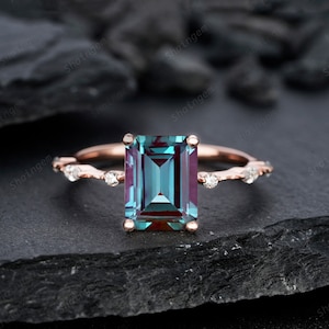 Emerald Cut alexandriet en diamanten verlovingsring, 14K roségouden alexandriet trouwring trouwring verjaardagsring cadeau voor haar