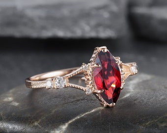 Vintage Milgrain Granat Verlobungsring im Marquiseschliff, einzigartiger Ehering mit Geburtsstein Januar, 14K Roségold/Silber Granat Ring Geschenk