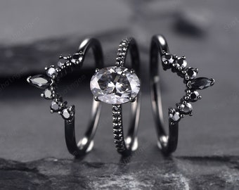 3PCS Oval Shape Gray Moissanite Engagement Ring Set, Black Gold Grey Moissanite Halo Promise Ring, Vintage Black Wedding Ring , Witchy Ring