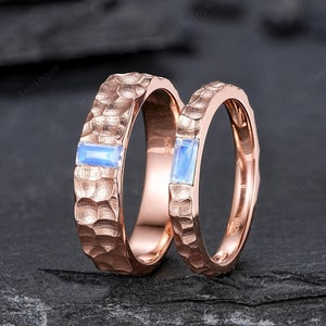 Hammered Design His and Hers Baguette Moonstone Couple Ring Set, Rose Gold Wedding Band, Matching Band, Promise Ring Men&#39;s Women&#39;s Band