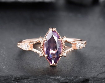 Vintage Milgrain Marquise Amethyst Engagement Ring , Unique Purple Gemstone Wedding Promise Ring, 14K Gold Silver Amethyst Ring Gift for her