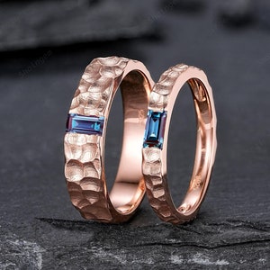 Hammered Design His and Hers Baguette Alexandrite Couple Ring Set, Rose Gold Wedding Band, Matching Band, Promise Ring Men&#39;s Women&#39;s Band