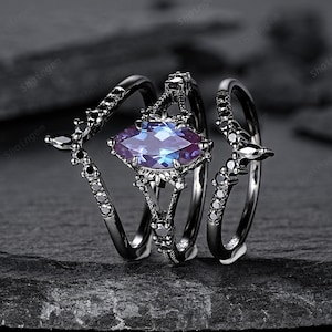Black Gold 3PCS Marquise Cut Alexandrite Engagement Ring Set, Gothic Punk Bridal Set, Black Rhodium Wedding Set, Black Promise Ring Gift