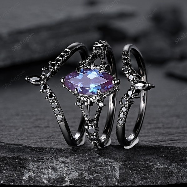 Black Gold 3PCS Marquise Cut Alexandrite Engagement Ring Set, Gothic Punk Bridal Set, Black Rhodium Wedding Set, Black Promise Ring Gift