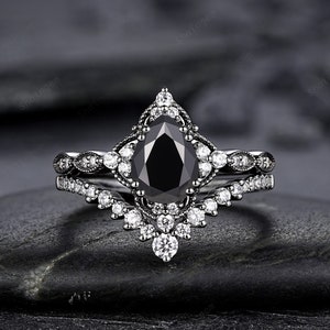 Unique Black Gold Pear Shape Black Moissanite Engagement Ring Set, Witchy Black Floral Promise Ring Gothic Black Wedding Ring Gift for Women