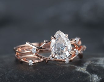 Vintage Pear Cut Moissanite and Diamond Engagement Ring Bridal Set, 14K Rose Gold Moissanite Branch Twisted Promise Wedding Ring For Women