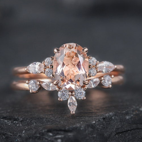 Three Stone Morganite Engagement Ring Set Vintage Rose Gold - Etsy