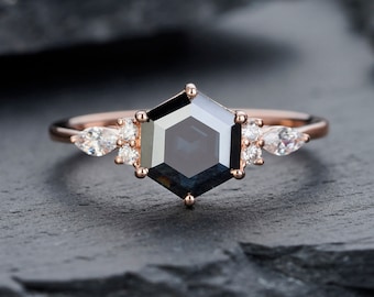 Unique Hexagon Black Moissanite Engagement Ring, Sterling Silver Dainty Anniversary Ring, Vintage Promise 14K Rose Gold Wedding Ring Gift