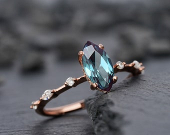 Vintage Marquise Cut Alexandrite Engagement Ring, Unique June Birthstone Wedding Promise Ring, 14K Rose Gold /Sterling Silver Ring for Women
