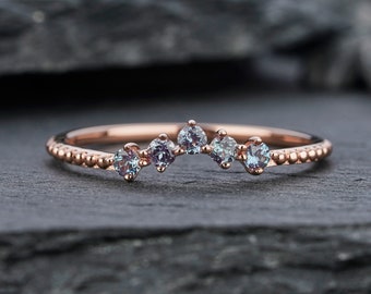 Dainty Milgrain V Shape Alexandrite Wedding Band, Stackable Curved