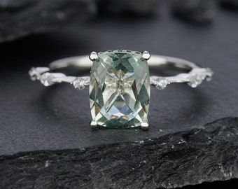 Vintage Cushion Cut Green Crystal Quartz Engagement Ring Unique White Gold Sterling Silver 925 Wedding Promise Anniversary Ring Gift For Her