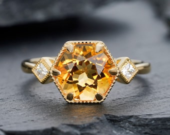 Vintage Hexagonal Citrine Engagement Ring, 14K Yellow Gold November Birthstone Silver Promise Wedding Ring Anniversary Gift for Mom Women