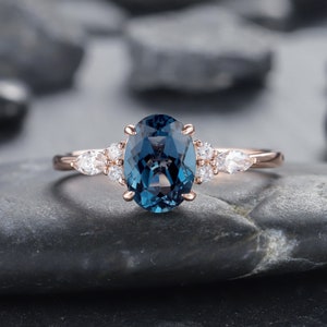Vintage Oval Shape London Blue Topaz  Engagement Ring, Unique Marquise Moissanite Wedding Ring, 14K Rose Gold Topaz Anniversary Promise Ring