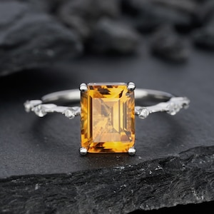 Vintage 2.5 CT Emerald Cut Natural Citrine Engagement Ring,  November Birthstone Promise Ring,  Unique 14k White Gold Wedding Ring For Women