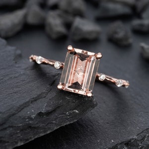 Vintage 3 Carat Pink Morganite Engagement Ring, Unique Emerald Cut Wedding Ring, Peach Morganite Promise Ring,14k Rose Gold Anniversary Ring