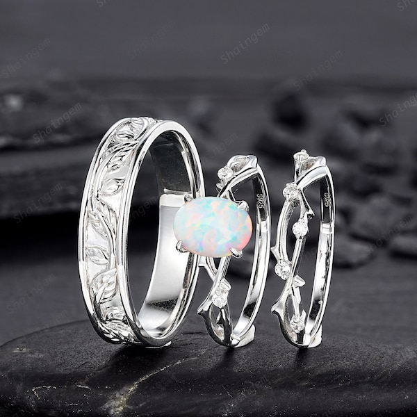 3PCS His and Hers White Opal Engagement Ring Set, Oval Shape Opal Wedding Ring, 14K White Gold Twig Couple Promise Ring, Plain Men's Band