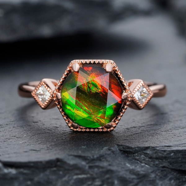 Unique Hexagon Canada Ancient Ammolite Engagement Ring, Vintage Three Stones Wedding Promise Ring, 14K Rose Gold Fossil Gem Ring For Women